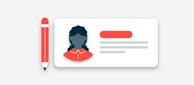 Illustration of a female avatar profile card with a pencil icon, shown in coral pink and navy blue colors