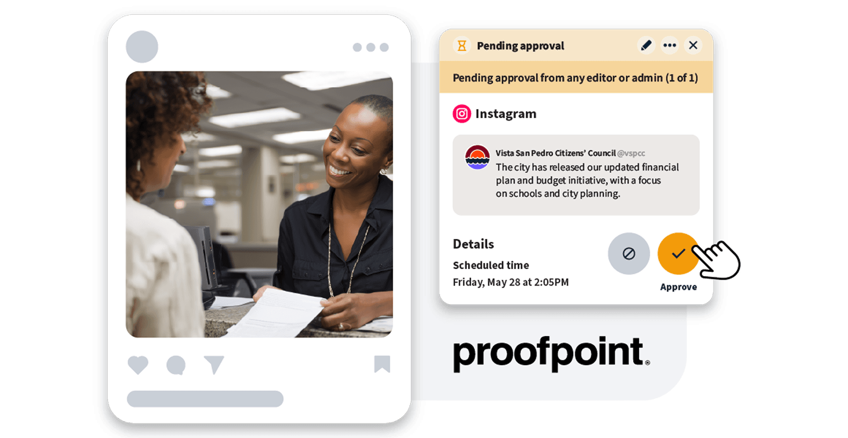 Social media approval interface showing Instagram post preview with credit card promotion and scheduling details for May 28