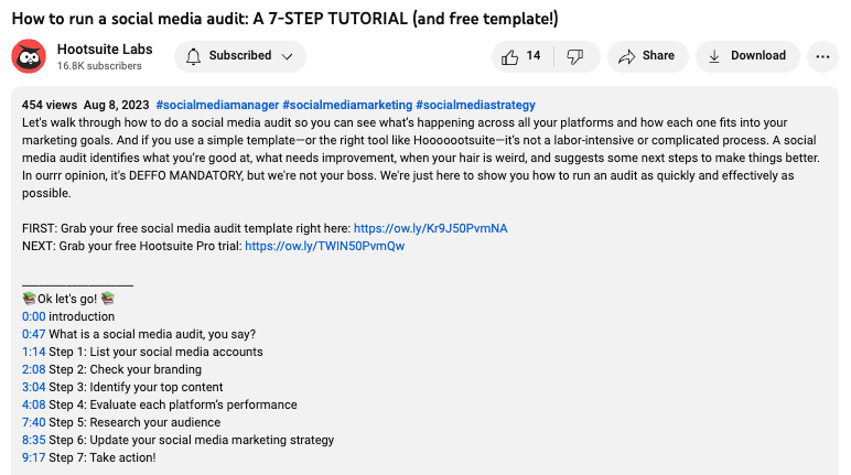 Screenshot of ytb description of hootsuite labs account